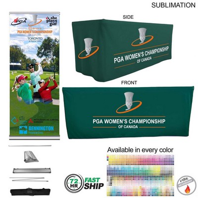 72Hr Fast Ship - Outdoor Event Package 2, Deluxe pull up banner + Premium 6' box fit tablecloth
